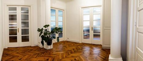 Riga, Latvia, 2024 - Modern Interior with Herringbone Floor and Frosted Glass Doors photo