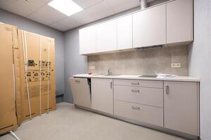 Riga, Latvia, 2024 - Modern Kitchen with Minimalist Cabinetry and Induction Cooktop photo