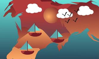 sunset scene with sailboat and birds vector
