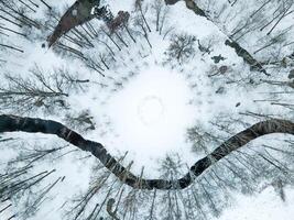 Aerial View of Snow Covered Landscape with Circular Tree Pattern photo