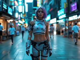 A woman in a futuristic outfit standing in the middle of a city street photo