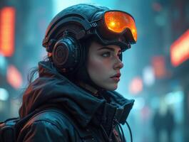 A woman wearing goggles and a helmet in the city photo