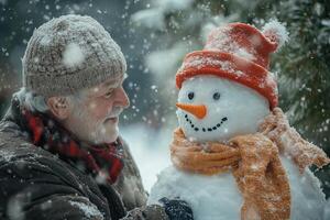 heartwarming moment of a grandparent and grandchild building a snowman on a snowy Christmas afternoon. photo