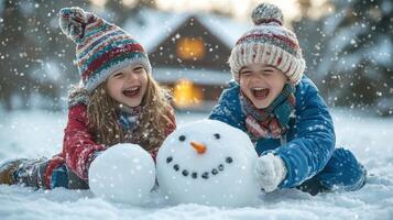 group of children building a snowman at the neighborhood during a snowy Christmas day. photo