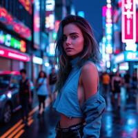 A woman standing in the middle of a city street at night photo