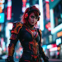 A woman in a futuristic outfit standing in the middle of a city street photo