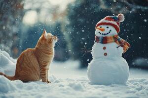 A joyful moment of building snowman where a fluffy cat playfully pounces on the snow. photo