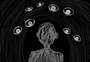 A handdrawn doodle of multiple eyes staring, judging, and intimidating. A black-and-white sketch conveying a deep, oppressive, and depressed feeling. Perfect for expressive, emotional artwork concepts video