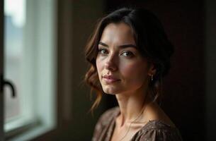 A woman stands elegantly by a large window, her gaze fixed on the camera with an air of confidence and beauty, captivating and mesmerizing viewers in this enchanting moment of allure photo