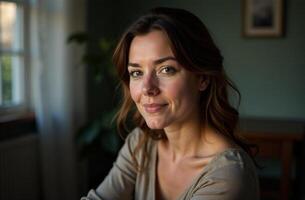 A cheerful woman with a warm smile poses for the camera at a cozy table by a large window, where soft natural light beautifully illuminates the scene, creating a lovely atmosphere photo
