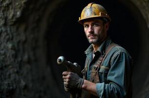 A man who is wearing a hard hat for safety purposes is holding a hammer in his hand while he is diligently working on various tasks inside a tunnel at a construction or mining site photo