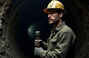 A man wearing a safety hard hat is holding a sturdy hammer while working inside a tunnel that is part of a construction site or mining operation, showcasing his essential role in the job photo
