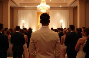 A man dressed in a white jacket stands confidently in front of a large crowd of people, as they gather to witness an important event or ceremony taking place before them photo