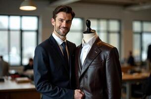 A man dressed in a formal suit complete with a tie is standing next to a stylish leather jacket displayed on a mannequin, showcasing a contrast between formal and casual fashion photo