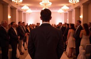 A man, dressed sharply in a formal suit, is confidently standing in front of a large crowd of people, who are all gathering to observe the event taking place before them photo