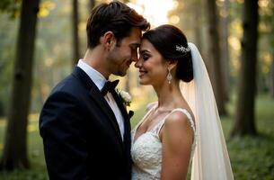 In a serene woodland setting, a couple who are soon to be married can be seen gently touching their foreheads together, sharing a moment of intimacy and connection amid nature photo