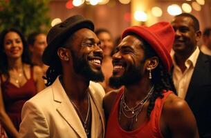 At a lively party, there are two men standing next to each other, sharing a joyful moment as they laugh together, creating a fun atmosphere that draws everyones attention photo