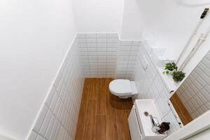 The small bathroom features essential amenities, including a toilet, a sink, and a mirror, creating a functional and compact space for personal hygiene and grooming needs photo