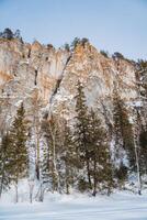 A majestic mountain that is completely covered in a thick layer of snow, with a beautiful array of trees prominently displayed in the foreground, creating a stunning winter scene photo