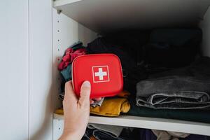 An Essential First Aid Kit, perfectly prepared and fully stocked, is always ready for any unforeseen emergencies, conveniently placed on a neatly organized shelf for easy access photo