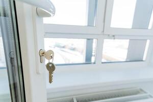 A shiny key can be seen dangling from a keyhole located on a window, which suggests that this window has possibly been either recently locked or unlocked, creating intrigue photo