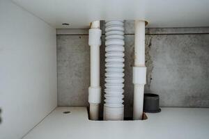 This captivating image provides a detailed closeup of a bathroom drain pipe, showcasing its unique features and intricate structure for better clarity and understanding photo