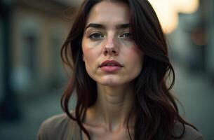 This breathtaking portrait captures a confident young woman with flowing long hair, set against a softly blurred urban background illuminated by the gentle glow of twilight photo