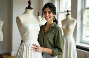 A woman is standing elegantly next to a carefully designed mannequin that is adorned in a stunning white dress, showcasing the latest in fashion trends, styles, and modern design aesthetics photo
