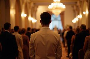 A man dressed in an eyecatching, stylish white suit stands confidently in front of a large and diverse crowd gathered in a spacious hall, illuminated by a stunning overhead light fixture photo