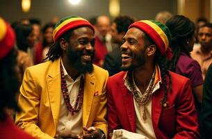 Two men wearing rasta hats are sitting next to each other in a crowd photo