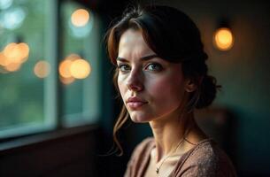 An Elegant Portrait of a Woman Captured in Soft, Ambient Lighting, Evoking a Sense of Beauty, Depth, Elegance, and Introspection in a Stylish and Tranquil Lifestyle Setting photo