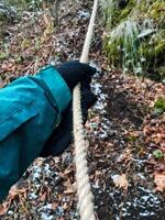 In a tranquil woodland setting, a person is dressed appropriately for the outdoors and is wearing protective gloves as they firmly grip a rope, surrounded by the beauty of nature and trees photo