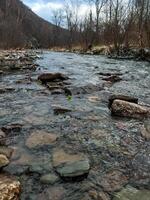A river meanders gracefully through a rugged rocky area, surrounded by tall, lush trees that provide a beautiful backdrop, enhancing the breathtaking natural scenery of the wilderness photo