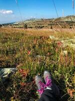 A person is laying in the grass with their feet up photo