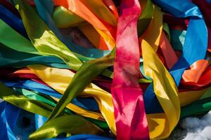 An enchanting array of multicolor ribbons, creatively twisted and arranged, creates a stunning display of textures and patterns, adding a festive touch to any setting photo