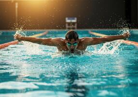 In a swimming pool, a professional male swimmer performs butterfly stroke photo