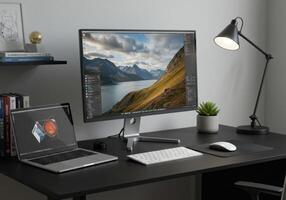 Modern workspace setup featuring a laptop, large display with a mountain view, and minimalist accessories. photo