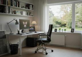A modern home office featuring a computer and laptop setup by a window with a lush green view. photo