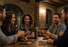 A group of friends celebrates with a wine tasting at a cozy winery, clinking their glasses in a toast. photo