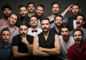 A diverse group of men showcases unique mustaches and beards with a variety of expressions. photo