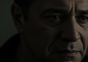 Intense portrait of a mature man lost in thought, with shadows adding depth and intrigue to his expression. photo
