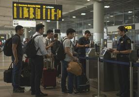 A security officer checks passports of travelers waiting in line at automated passport control at the airport. photo