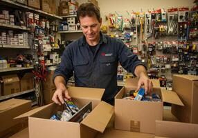 Man Organizing Tools in Boxes at Hardware Store Shelving Area photo