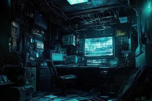 A complex, dark, cyberpunk control room filled with computer screens and tangled cables. photo