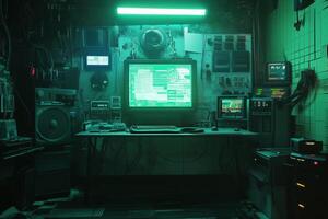 Explore the dimly lit interior of a futuristic command center with glowing screens. photo