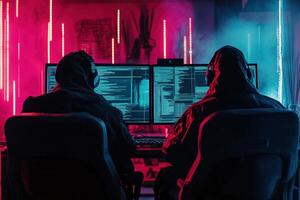 Hooded figures are deep in coding, working in a lair of colorful neon light. photo