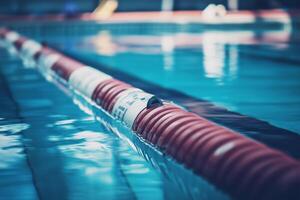 A bright red and white lane divider floats serenely on the surface of a swimming pool. photo