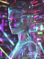A digital portrait of a woman constructed from light streams, symbolizing technology. photo