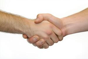 Two hands clasped in a strong handshake, symbolizing a successful agreement. photo