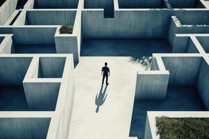 A man navigates a concrete labyrinth, facing choices and finding his way forward. photo